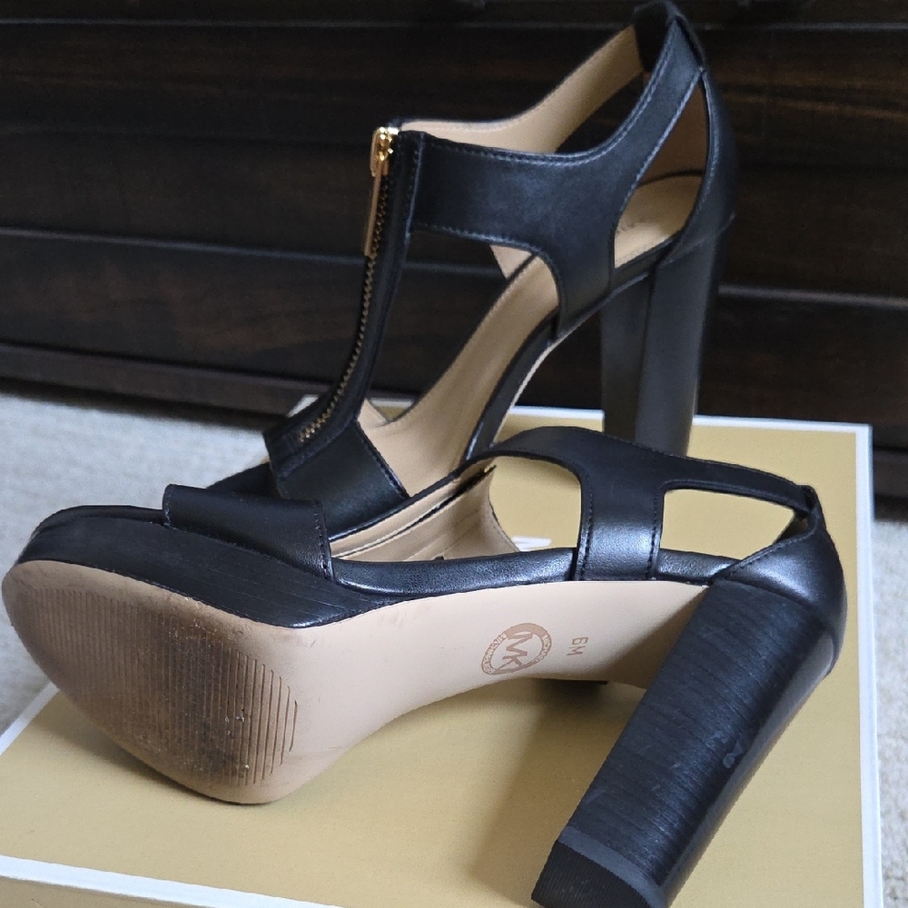 MICHAEL Michael Kors Black Leather Gold-Zip T-Strap Platform Heels - Picture 4 of 7